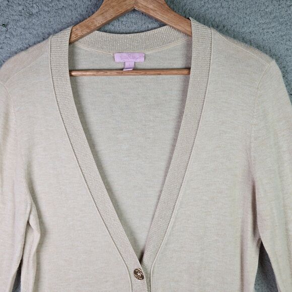Lilly Pulitzer Gold Metallic Long Cardigan Sweater L V-Neck Logo Button Pocket - Picture 7 of 16